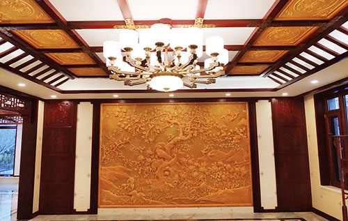 王益中式别墅客厅中式木作横梁吊顶装饰展示